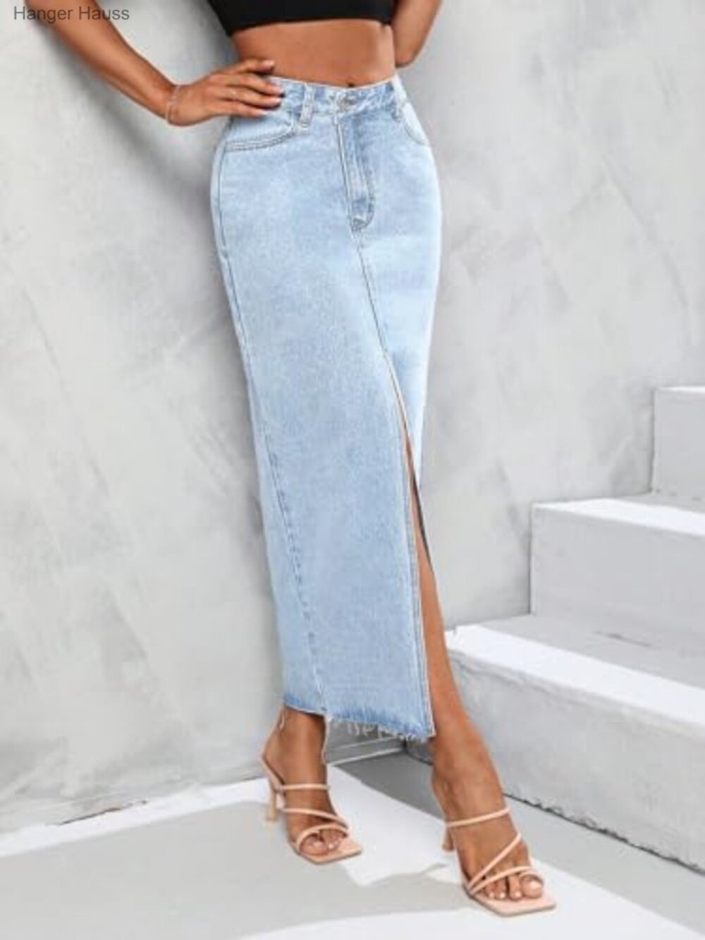 High Waist Stretch Maxi Denim Skirt Front Split Frayed Raw Hem A Line - Picture 4 of 7